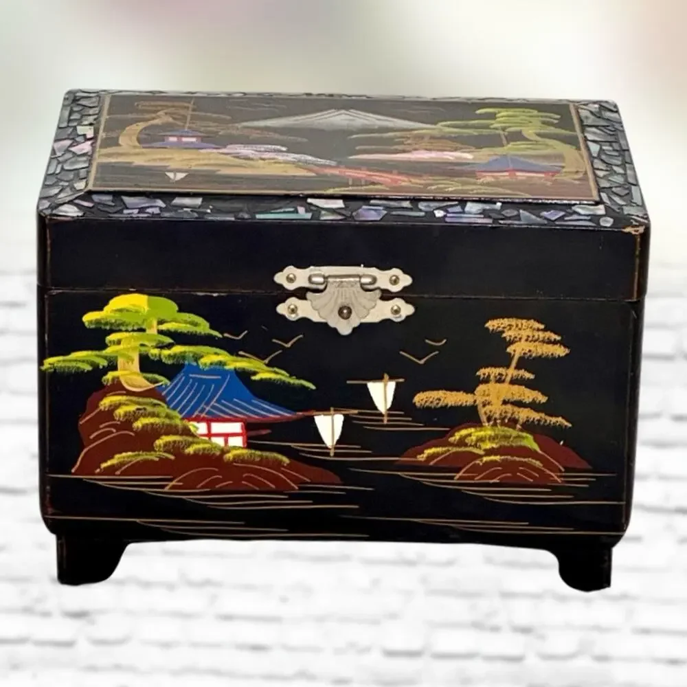 Vintage Japanese Music Box Wooden Lacquer Jewelry Abalone Inlay Trinket KK Japan